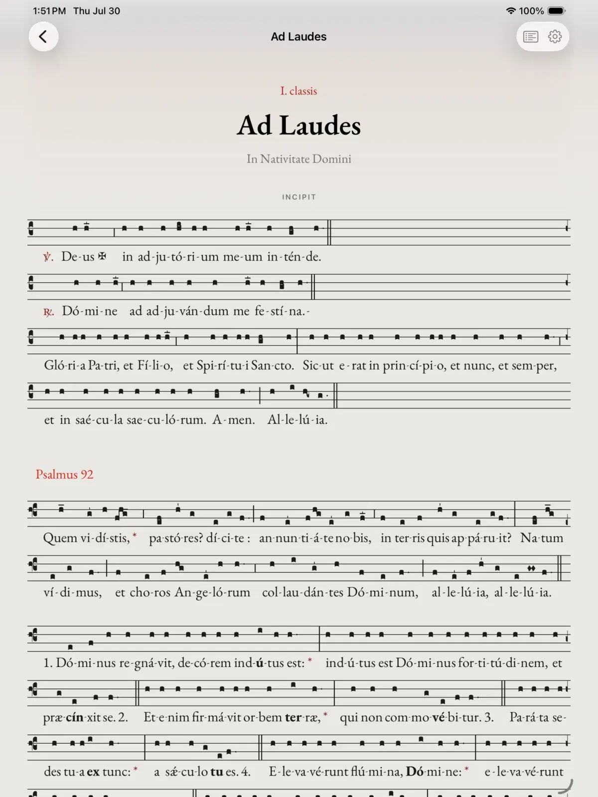 Hours displaying the complete chanted office of Lauds on an iPad.