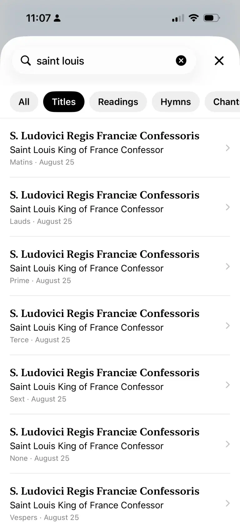 Title search results for Saint Louis, grouped by canonical hour and date.