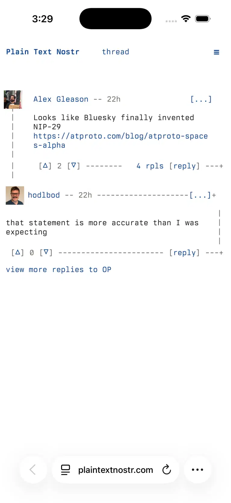 A Plain Text Nostr thread on iPhone.