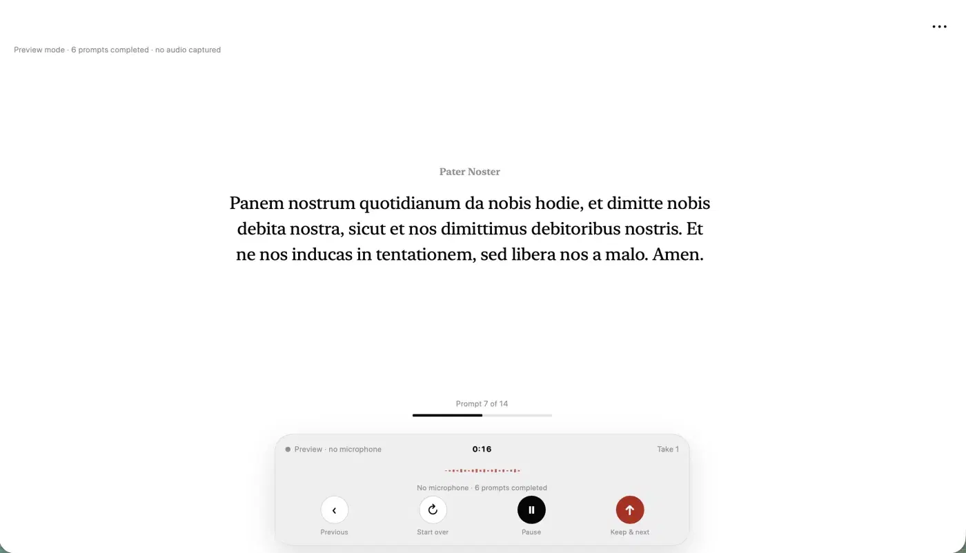 The RSRY desktop recording flow showing a Latin prayer prompt, session progress, audio activity, and controls for rerecording or keeping a take.
